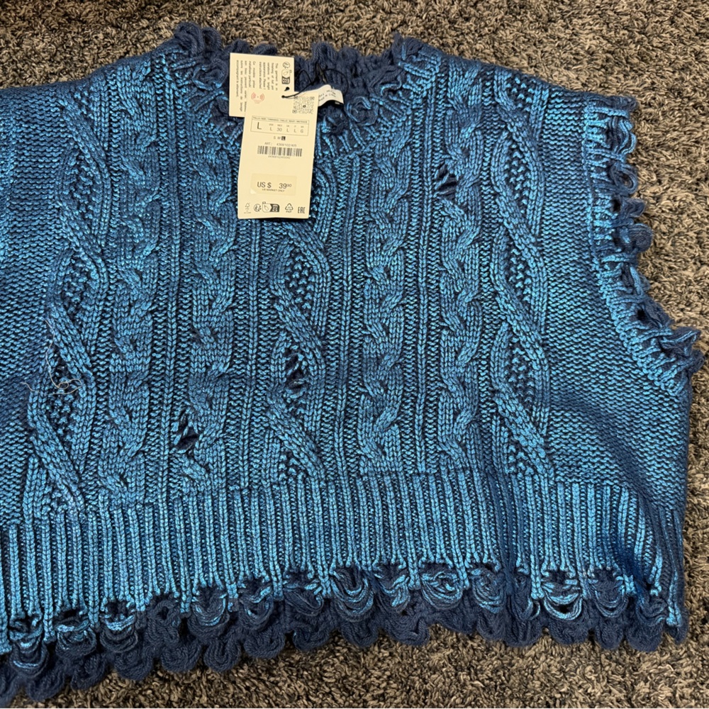 Blue Cable Knit Sleeveless Sweater